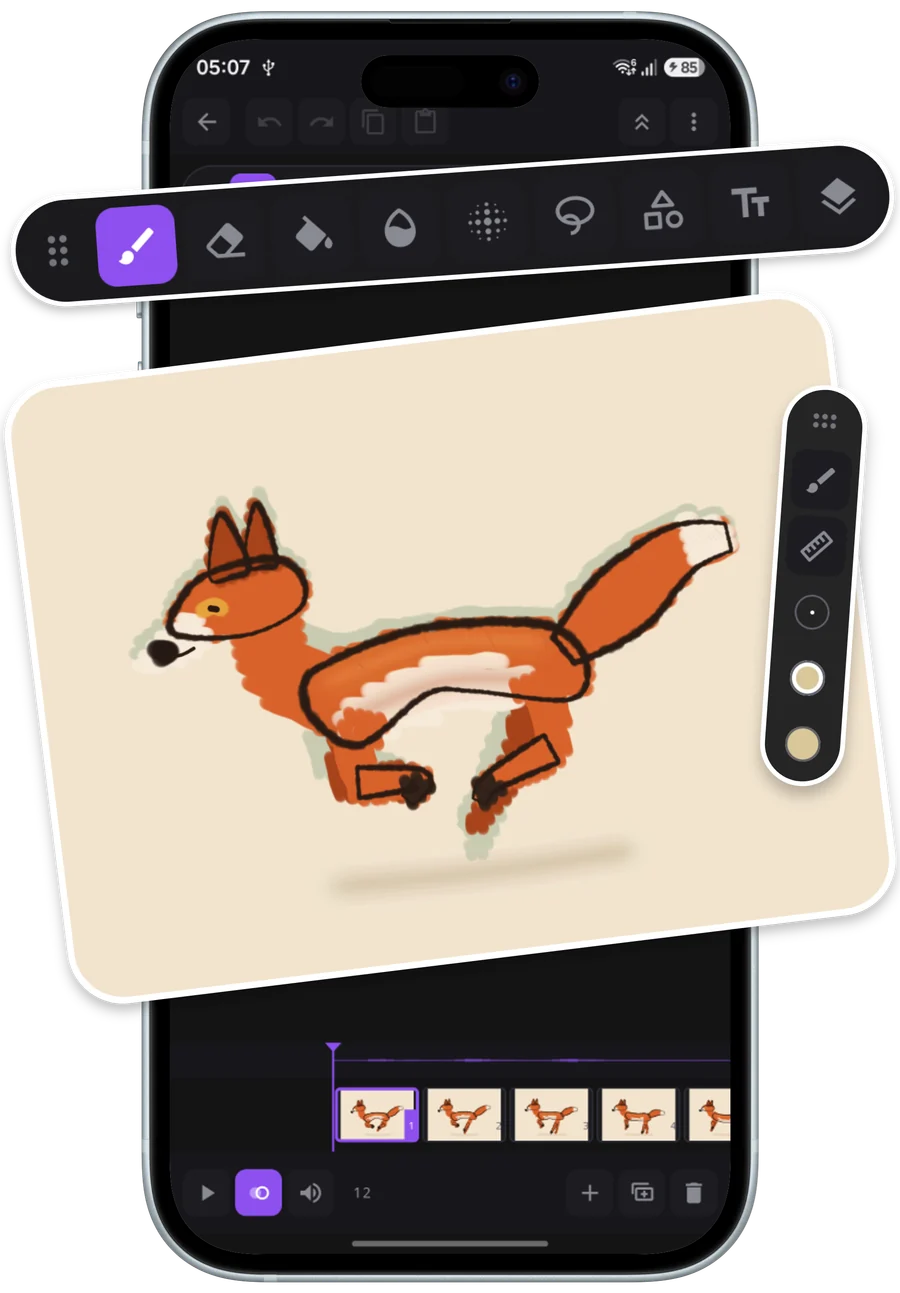 O editor do NinoClip no celular: a pill de ferramentas, o papel com a raposa em onion skin e a tira de quadros.