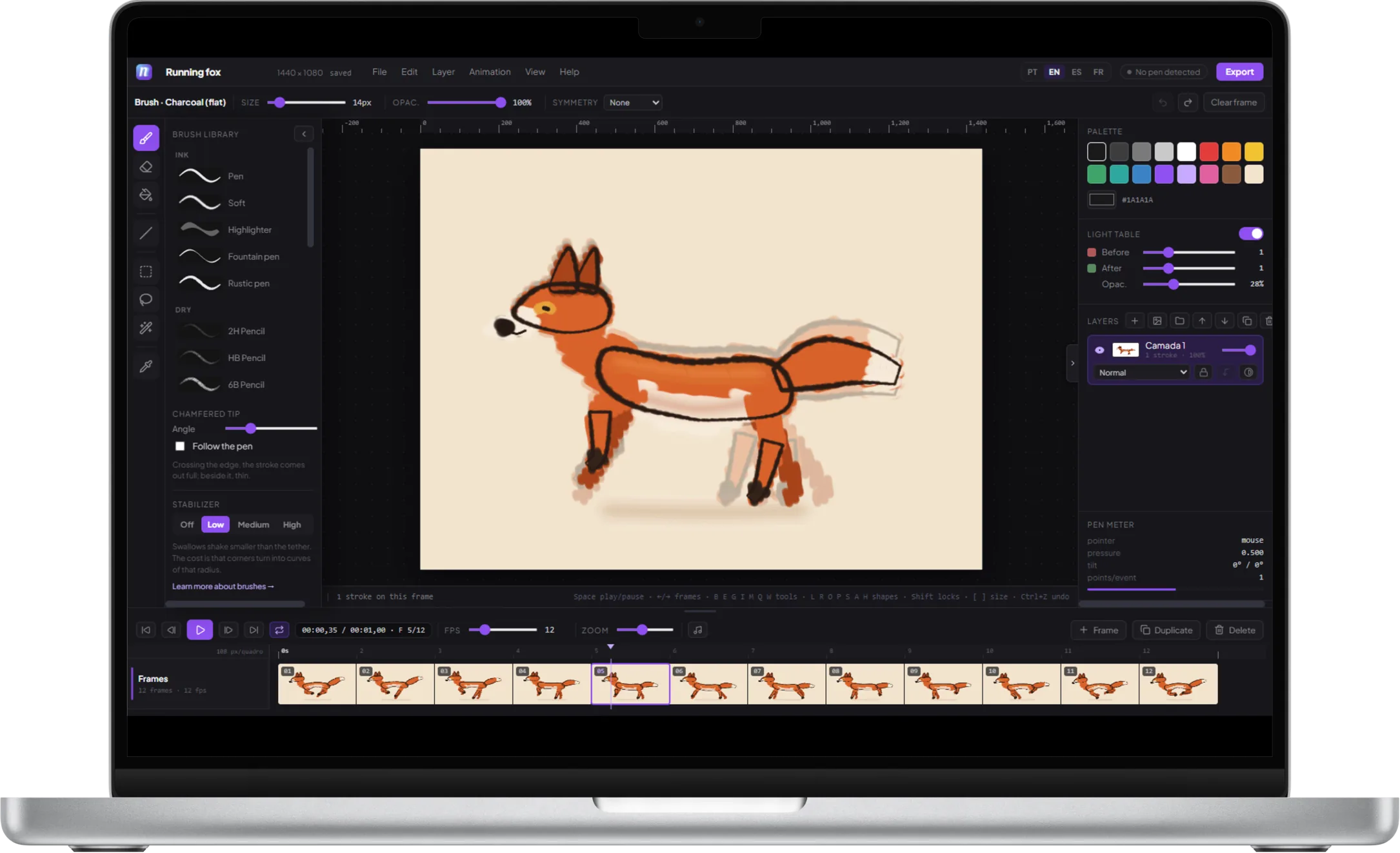 The NinoClip studio on a laptop: the brush library open on the left, the fox in onion skin on the paper, palette, light table and layers on the right, and the 12 frames on the timeline.